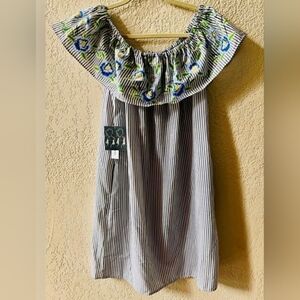 Striped Off-Shoulder Dress with Floral Embroidery